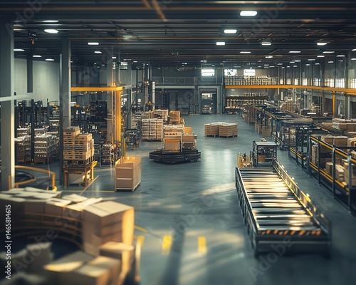 Obraz na płótnie A wideangle view of a packing station in a busy warehouse, Packing Area, Organized and active w salonie
