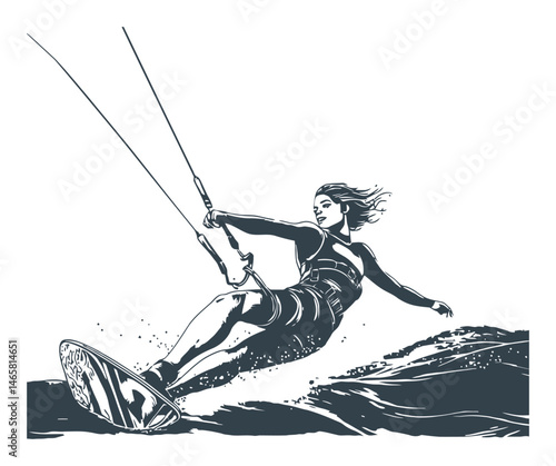 Dynamic Vector Illustration of a Woman Kitesurfing on the Water Surface