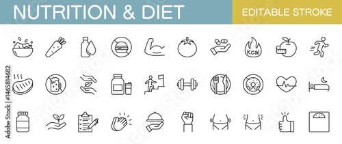 Nutrition and diet icon set. Healthy food, wellness, health, gym. Editable stroke. Vector illustration
