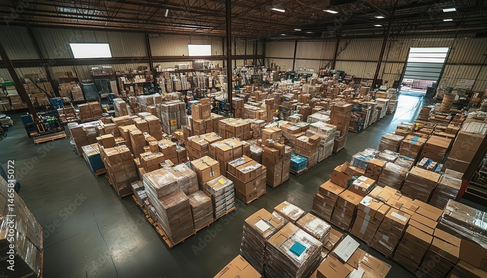 A wideangle view of orders being packed and placed on pallets, Packing Area, Organized and active
