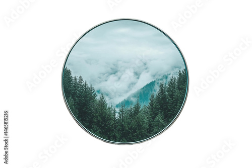 Round mirror reflecting minimalist serene design.
