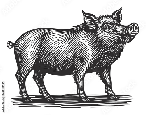 Vintage Style Illustration of a Standing Pig in Monochrome Vector Art