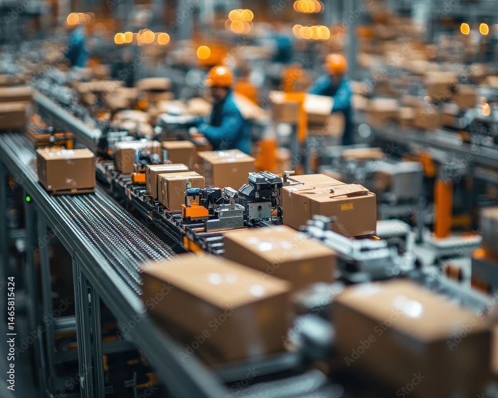A wideangle view of the picking and packing area in a busy warehouse, Outbound Logistics, Efficient and organized