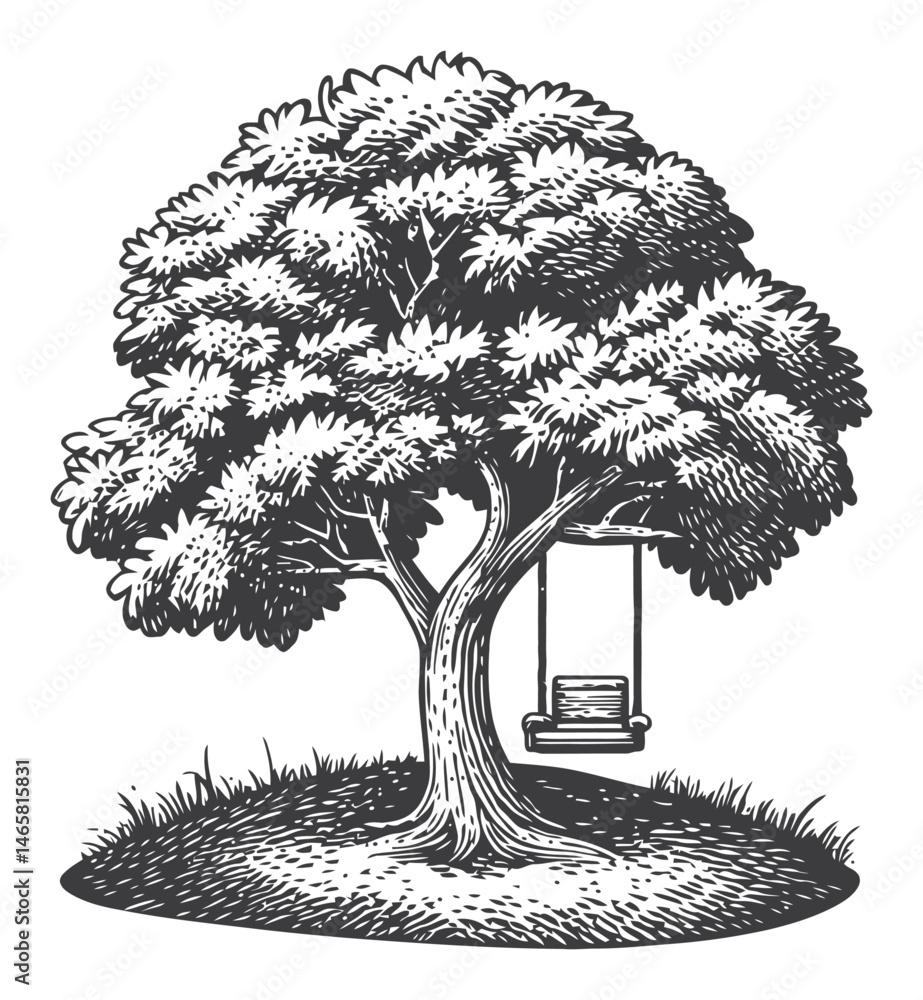Fototapeta premium Vintage Hand-Drawn Tree With Swing in Black and White Style