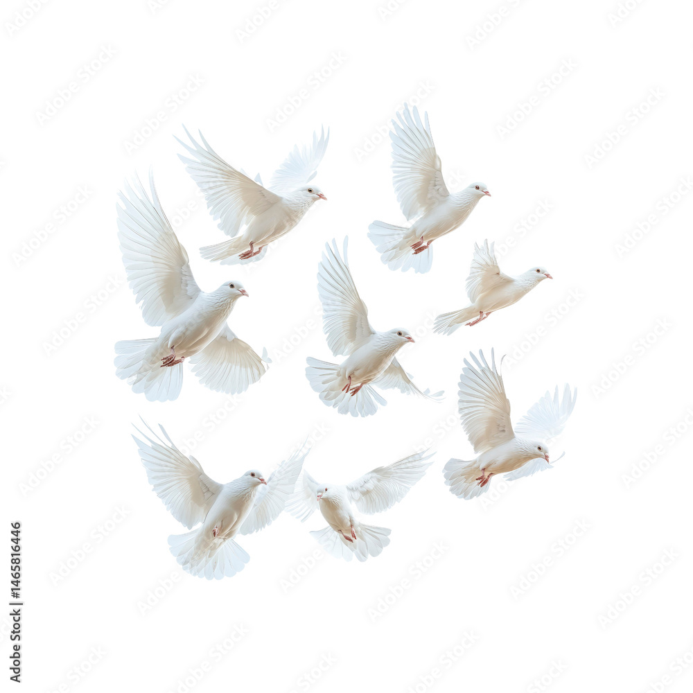 Obraz premium A Flock of White Doves in Flight Against a Transparent Background