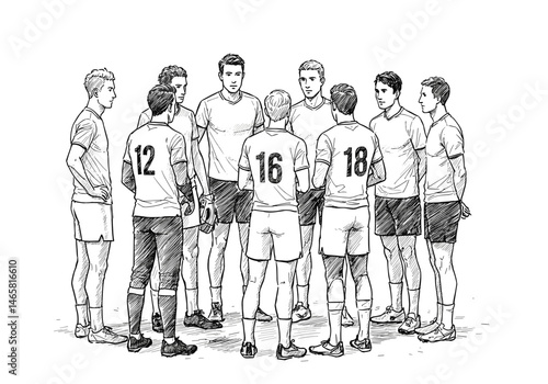 Team huddle before kickoff, players strategizing together. Teamwork, strategy, sport preparation. Article illustration, sports design, website, blog
