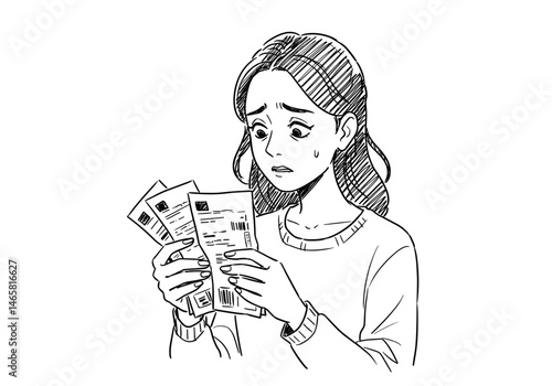 Woman looking at unpaid bills, feeling anxious in simple sketch. Financial stress, debt, anxiety. Article illustration, blog, website