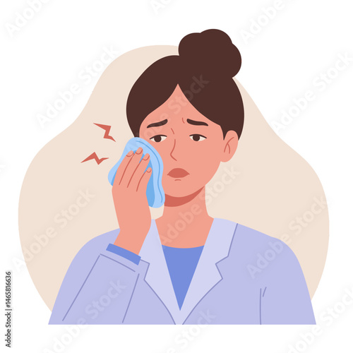 Woman expressing concern, holding cold compress, soft background. Pain relief, injury, healthcare. Article illustration, health blog