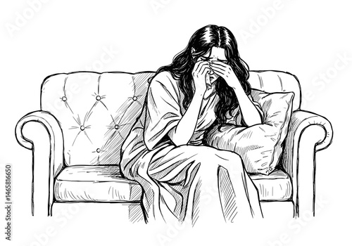 Woman wiping tears on couch, expressing sadness in a cozy living room  