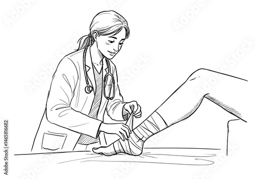 Doctor wrapping ankle with bandage in clinical setting. Injury, medical care, first aid. Article illustration, medical blog, patient information