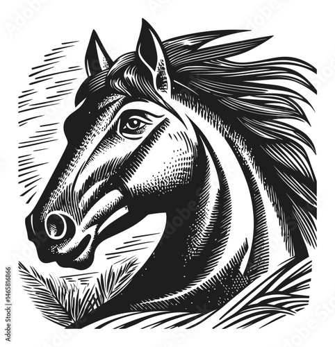 Detailed Artistic Representation of a Horse in Black and White Vector Style