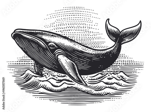 Vintage Illustration of a Whale Breaching from the Ocean Waves