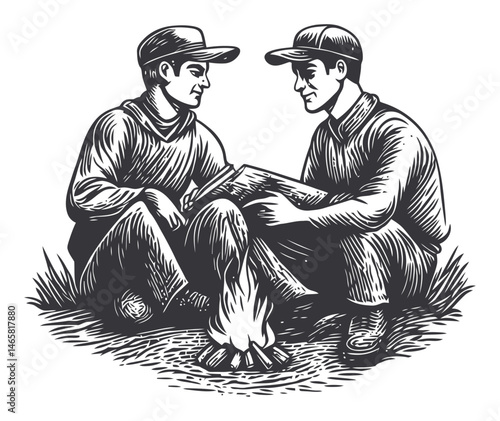 Two Men Sitting by Campfire Engaged in Campfire Storytelling Scene