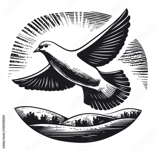 Detailed Black and White Vector Illustration of a Bird in Flight Over Hills