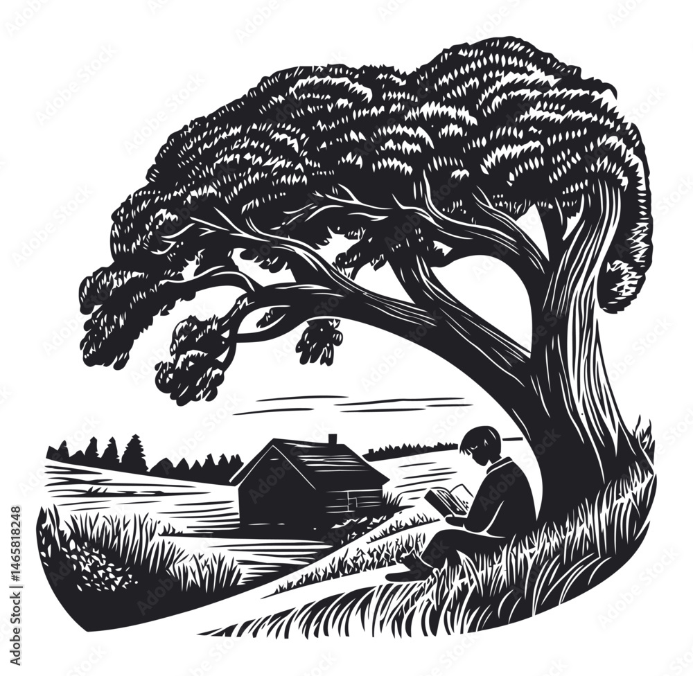 Naklejka premium Tranquil Scene with Tree and Reader Sitting Underneath for Relaxation