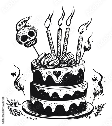 Detailed Illustration of a Gothic Cake with Candles and Skull Decoration
