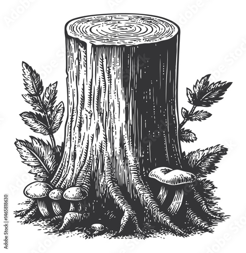 Detailed Black and White Illustration of Tree Stump with Mushrooms