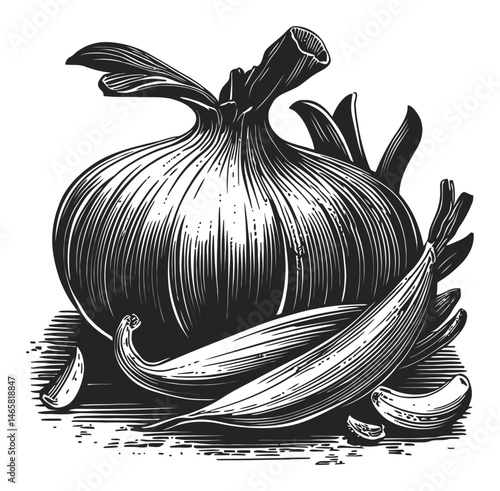 Wallpaper Mural Detailed Illustration of Onion with Sliced Pieces and Leafy Tops Torontodigital.ca