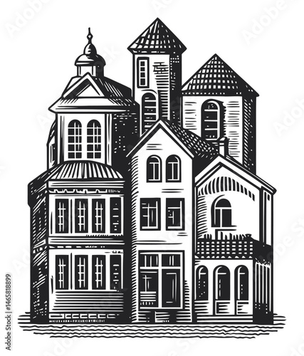 Vintage architectural illustration of a unique multi-story house design