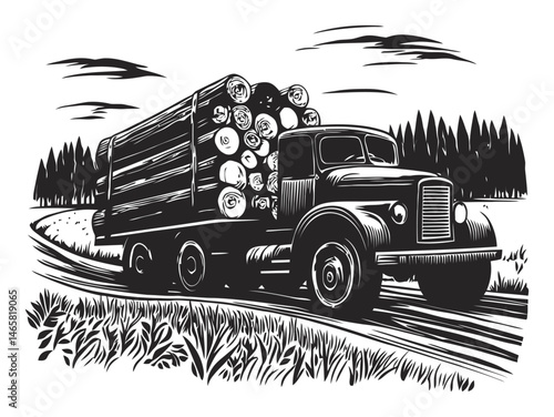 Vintage Truck Carrying Timber in Scenic Forest Landscape Illustration