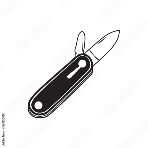 A black folding pocket knife is shown with two tools extended on white