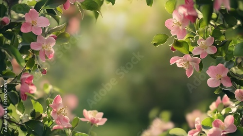 Professional image of a natural frame with pink spring apple tree flowers on branches for botanical, garden, and environmental design use.