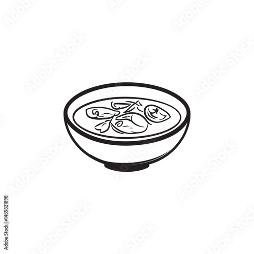 A bowl filled with broth and vegetables is presented in a simple monochrome vector