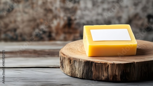 Professional Natural Yellow Soap with White Label on Wooden Dish for Skincare Product Promotion