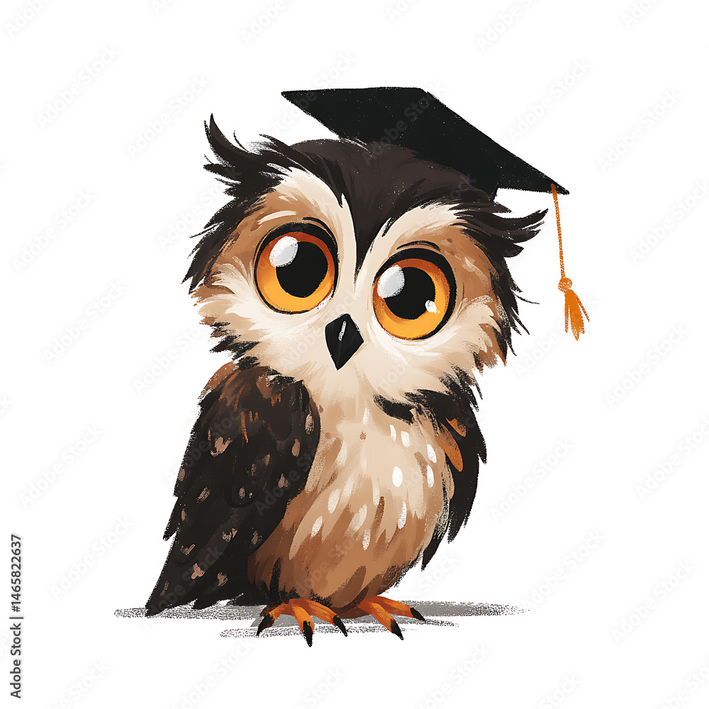 Fototapeta premium Whimsical owl cartoon character wearing a graduation cap on a white background with a simple style.