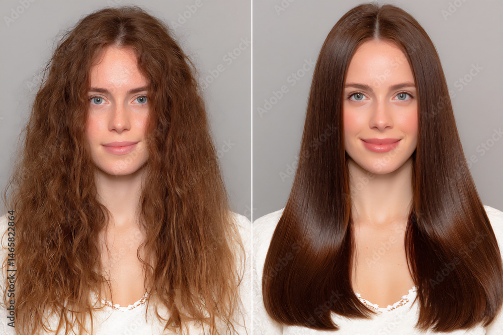 a dramatic studio shot showcasing the extreme transformation of dull, damaged brown hair into incredibly shiny, smooth a dramatic studio shot showcasing the extreme transformation of dull, damaged brown hair into incredibly shiny, smooth
