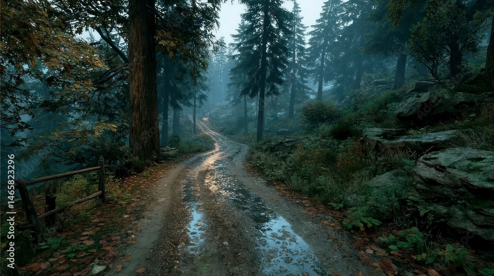 Fototapeta premium Winding Forest Pathway with Misty Atmosphere and Lush Vegetation