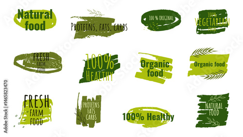 Healthy food labels badges logos Eco stickers. For farmer market eco food vegetarian menu food package. Ecology friendly design. Organic Food, Vegan, Farm Fresh, Natural Product. Vector illustration.