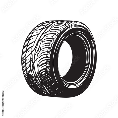 A new black tire with deep treads shows impressive detail on transparent background