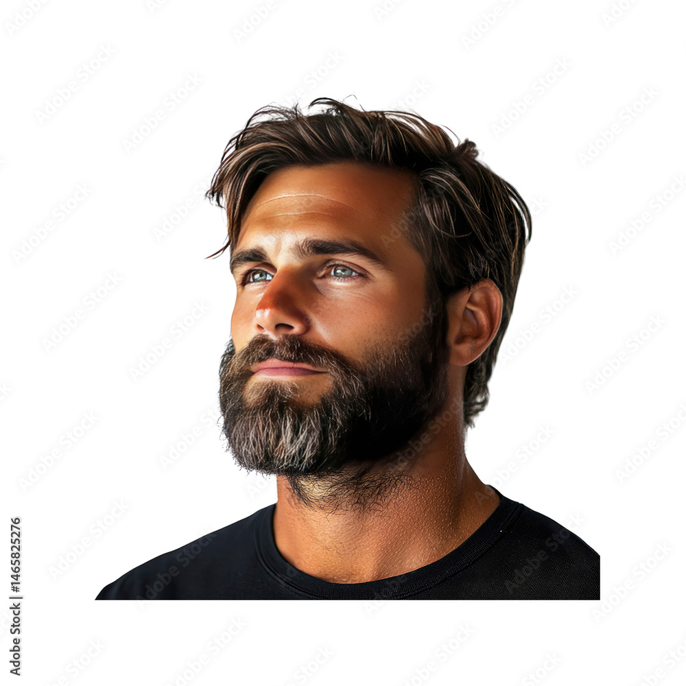 Fototapeta premium Handsome Man with Long Brown Hair and Full Beard Looking Upward