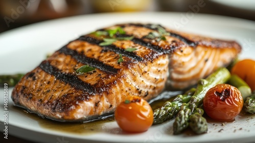 Grilled salmon fillet, seasoned and cooked to perfection, served with roasted asparagus and cherry tomatoes  A flavorful and healthy dish
