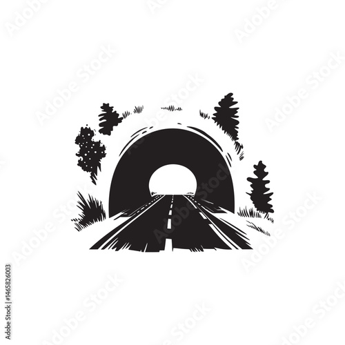 A rural road enters a tunnel, with trees either side, presented as a transparent silhouette