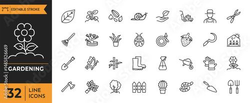 gardening line icon set. Containing plant, flowers, trees, watering can, fence, cultivate, gardening, and more icons. Vector illustration.