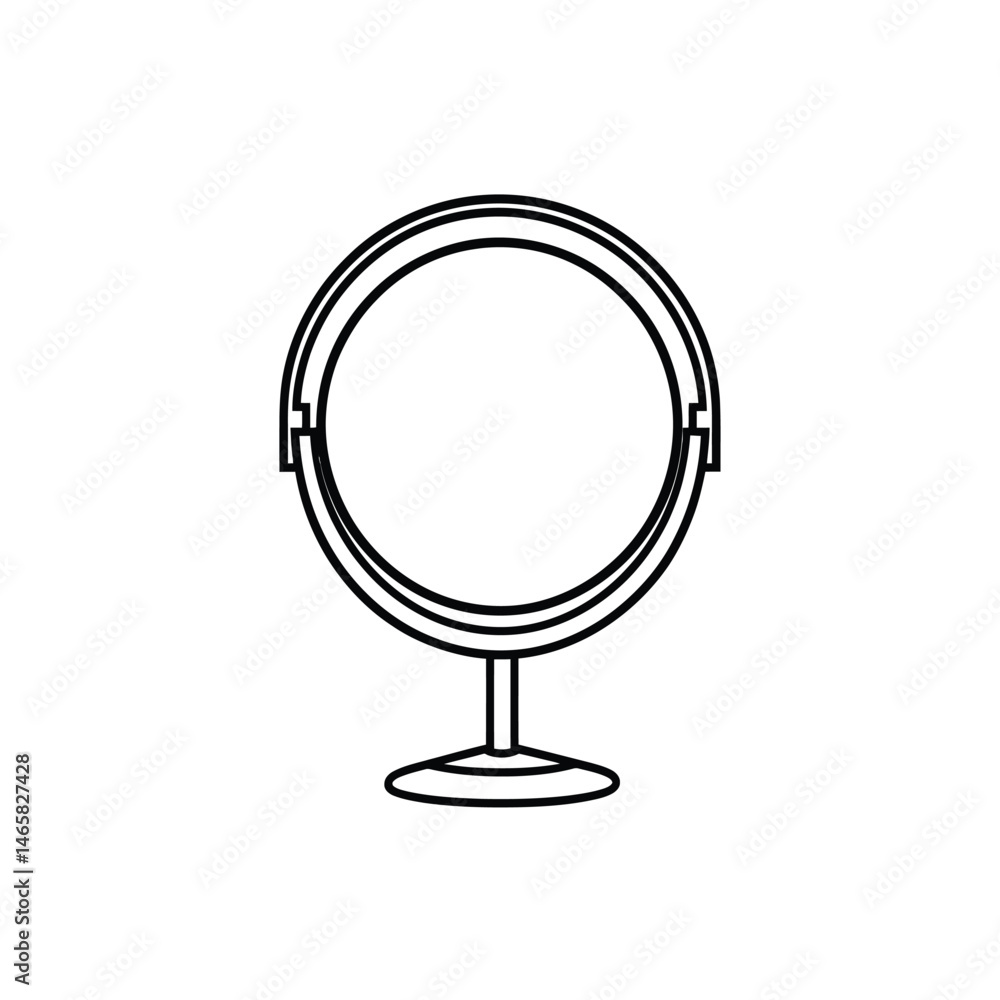 A simple illustration shows a round vanity mirror with a stand in outline A simple illustration shows a round vanity mirror with a stand in outline