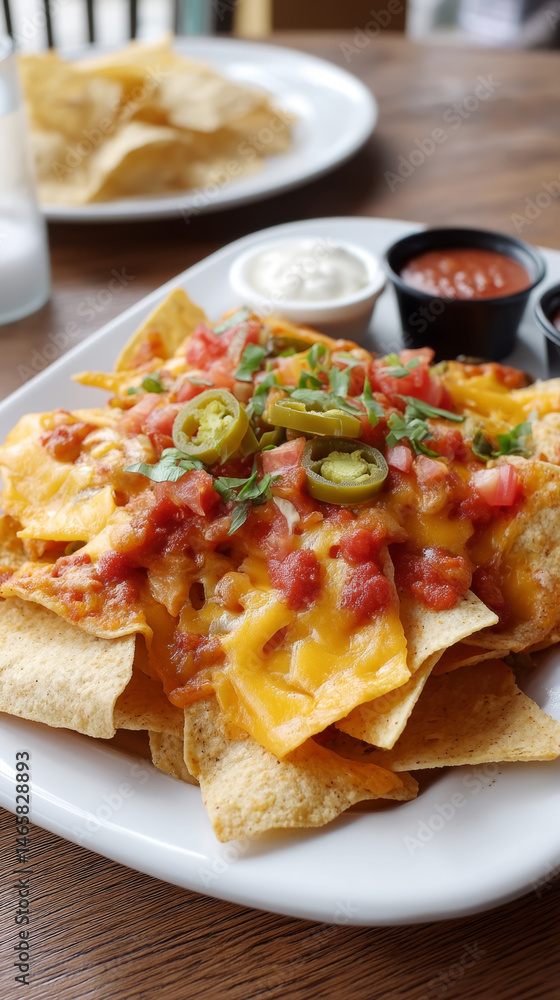 Delicious towering plate of nachos with cheese, jalapeños, and dips Delicious towering plate of nachos with cheese, jalapeños, and dips