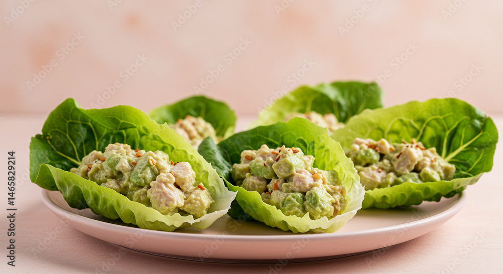 Obraz premium Avocado Chicken Salad Lettuce Cups on Light Pink Surface