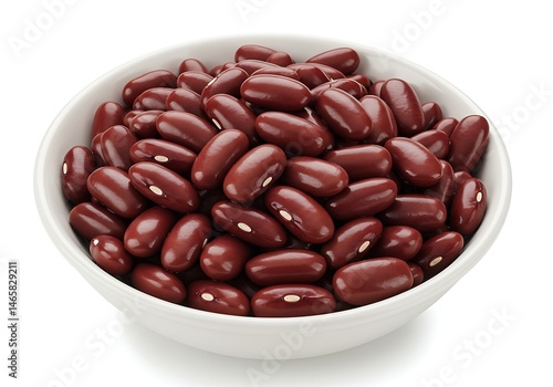 A close up of a white bowl filled with a large pile of dark red kidney beans on a white background