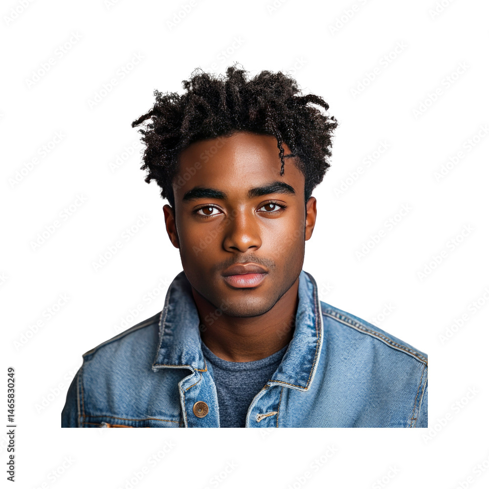 Fototapeta premium Portrait of a Young Black Man with Dreadlocks Wearing a Denim Jacket