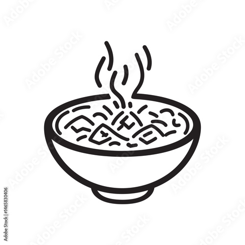 A steaming bowl of noodle soup with broth radiates warmth and tasty goodness in black outline