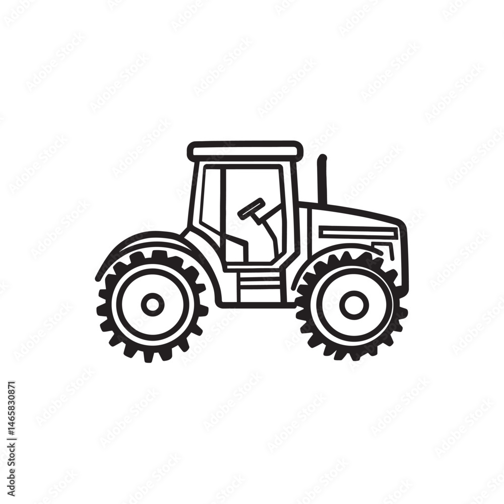 A stylized black outline drawing features a simple tractor with large coglike wheels on white A stylized black outline drawing features a simple tractor with large coglike wheels on white