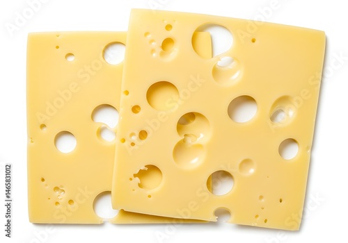 Two slices of swiss cheese with holes stacked on top of each other on a white background close up view