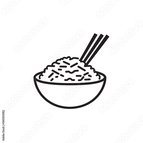 A stylized bowl is filled with delicious rice and chopsticks show a transparent background