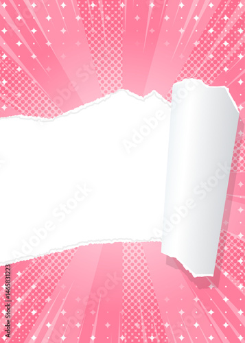 サンバーストと破れた紙の背景素材、ハーフトーンのドット、キラキラのパターン、集中線、縦向き