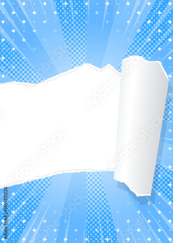 サンバーストと破れた紙の背景素材、ハーフトーンのドット、キラキラのパターン、集中線、縦向き