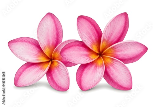 Two pink plumeria flowers with yellow centers isolated on a white background in a close up view