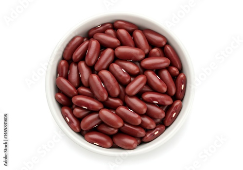 A top down view of a white bowl filled with red kidney beans on a white background in studio light